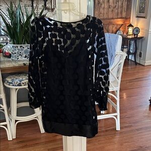 Laundry By Shelli Segal Black Polka Dot Mesh Midi Dress with Satin Hem